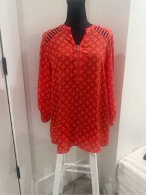 Maurices Orange Printed Zip-Front Tunic with Ladder-Shoulder Detail